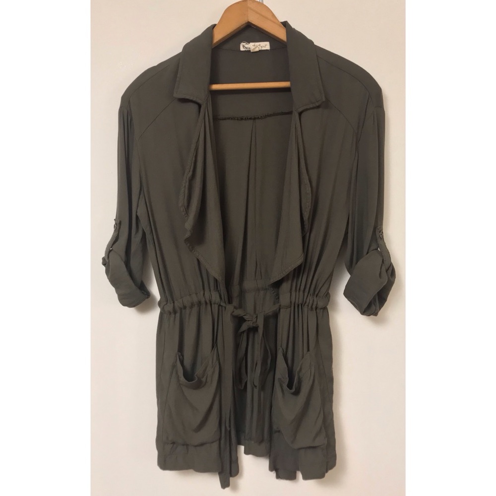 Army Green Fall/Spring Cardigan Drawstring Ties at Waist